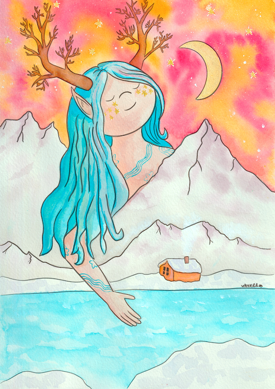 Aquarelle Le Renard et La Lune