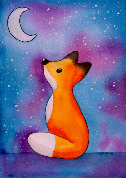 Aquarelle Le Renard et La Lune